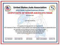 USJA (ACE) Aikido Certified Examiners Division - Certificate of Senior Aikido Kyu Rank