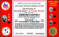 USJA (ACE) Aikido Certified Examiners Division - Certificate of Black Belt Aikido Rank